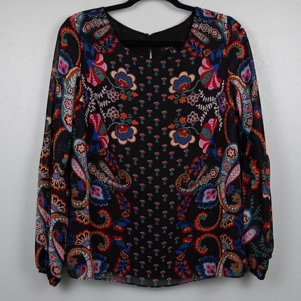 Zac & Rachel black floral paisley long sleeve blouse top-S